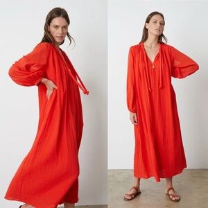 Velvet by Graham & Spencer Carmella Cotton Gauze Maxi Dress Boho Coral Orange M
